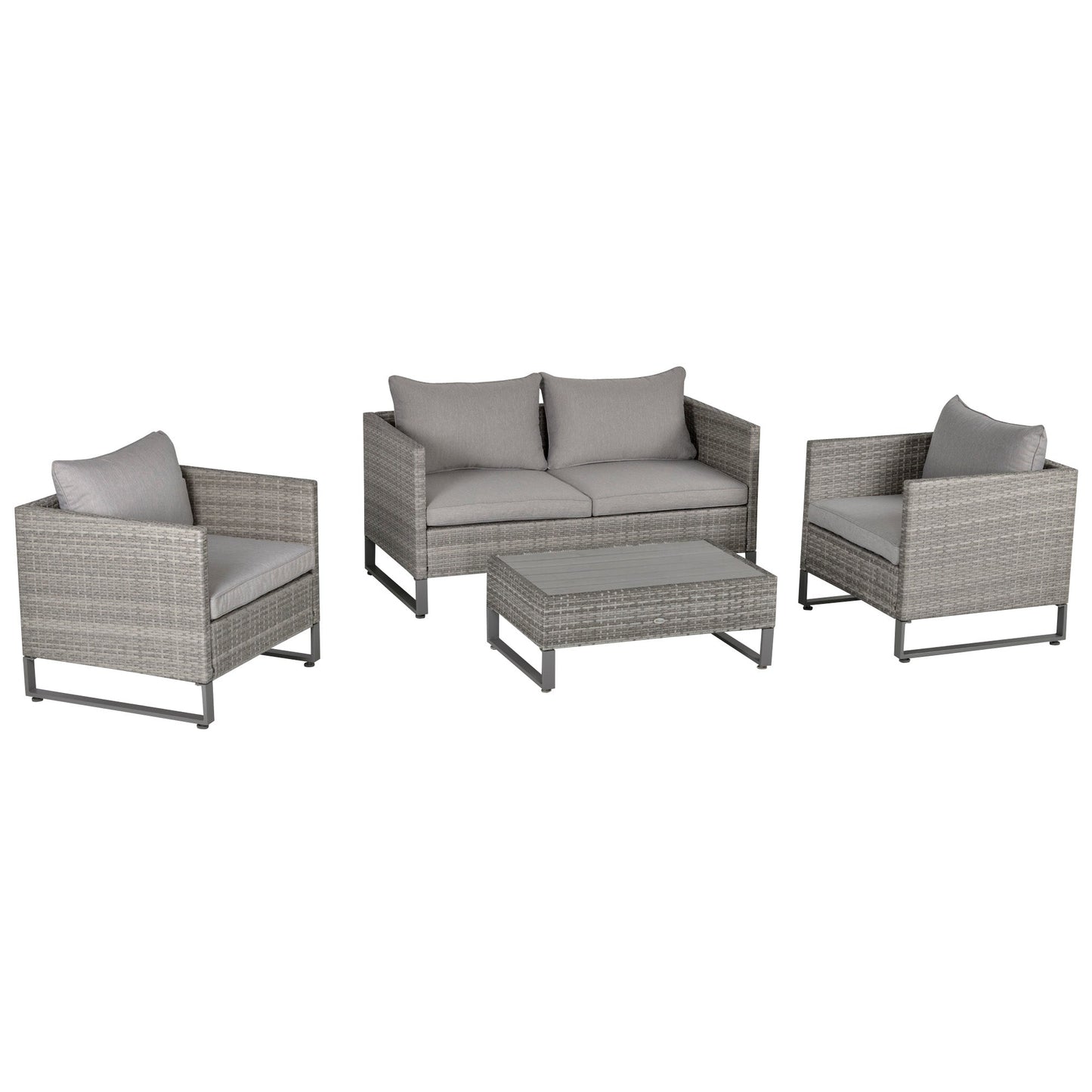 Outsunny 4 Pieces PE Rattan Garden Furniture with Cushion, Outdoor Wicker Conservatory Sofa Set w/ Armchairs, Loveseat, Glass Top Coffee Table, Grey