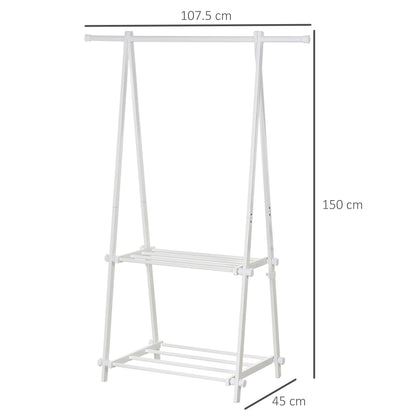 HOMCOM Minimalist Foldable Adjustable Clothes Rack Hanger w/ 2 shelves 107.5L x 45W x 150H cm Hallway Entryway Furniture - White