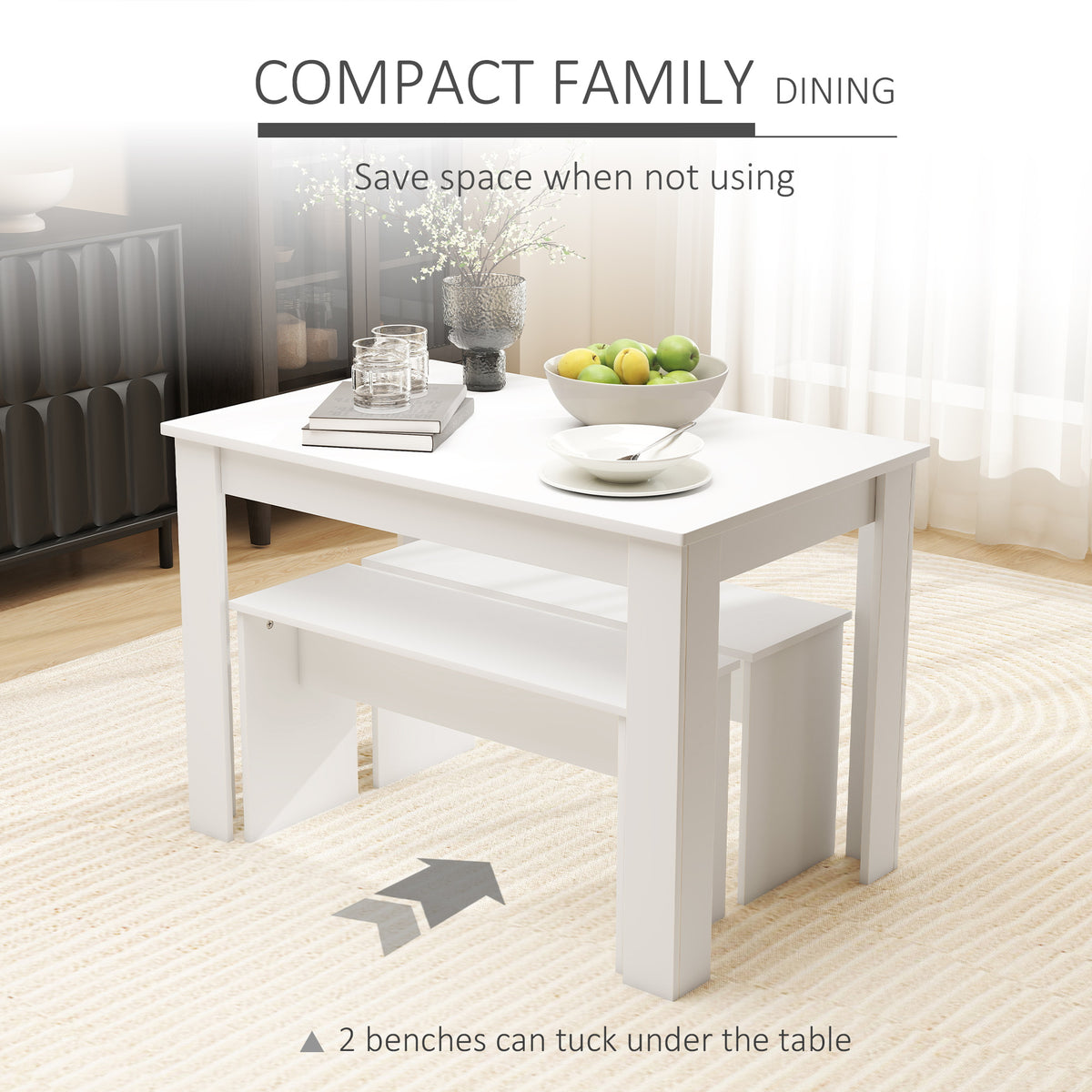 HOMCOM Kitchen Dining Table and 2 Benches Set, Table and Chairs Set for Limited Space, White