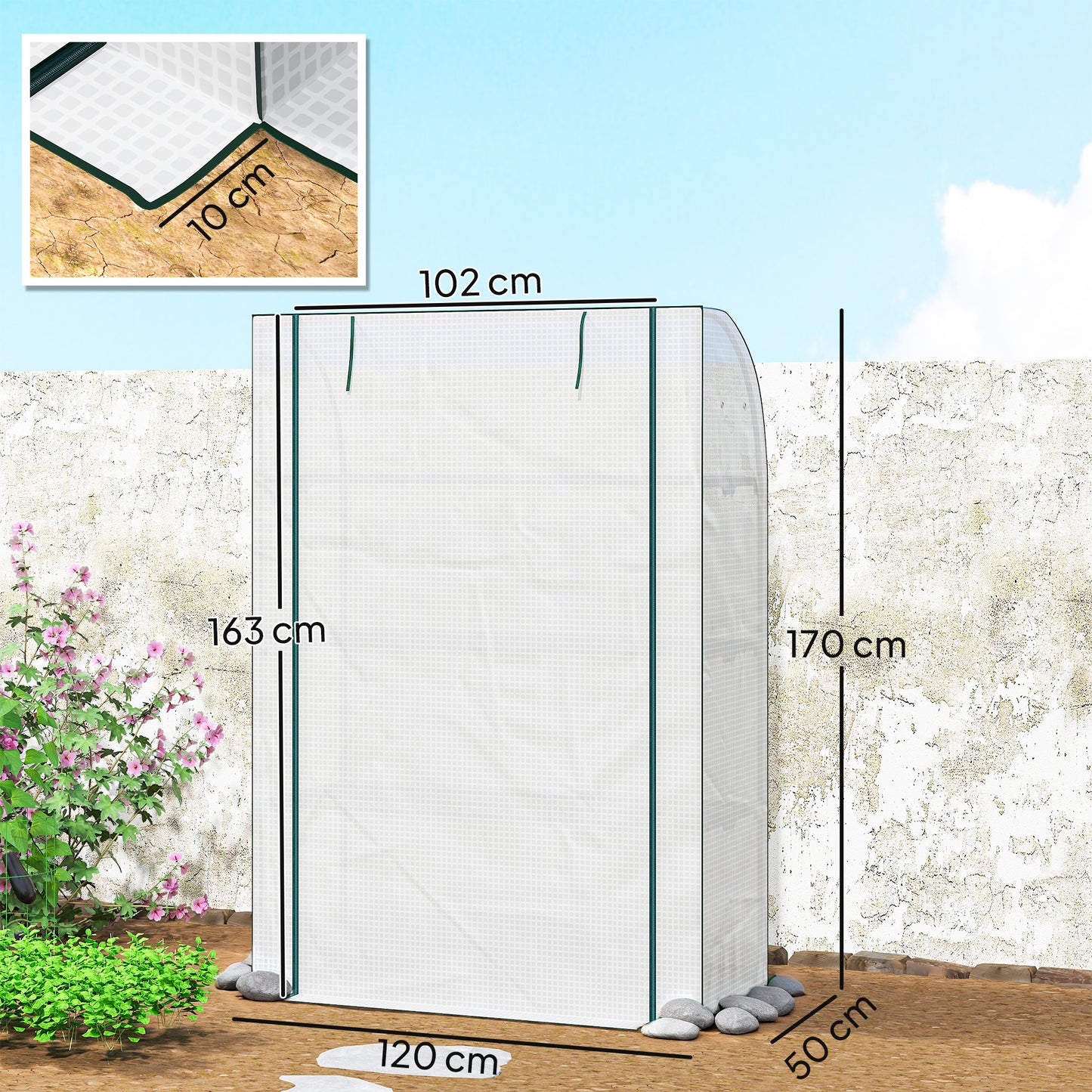 Outsunny Mini Greenhouse with Reinforced PE Cover, Portable Indoor Outdoor Green House with Roll-up Door, 170 x 120 x 50cm, White