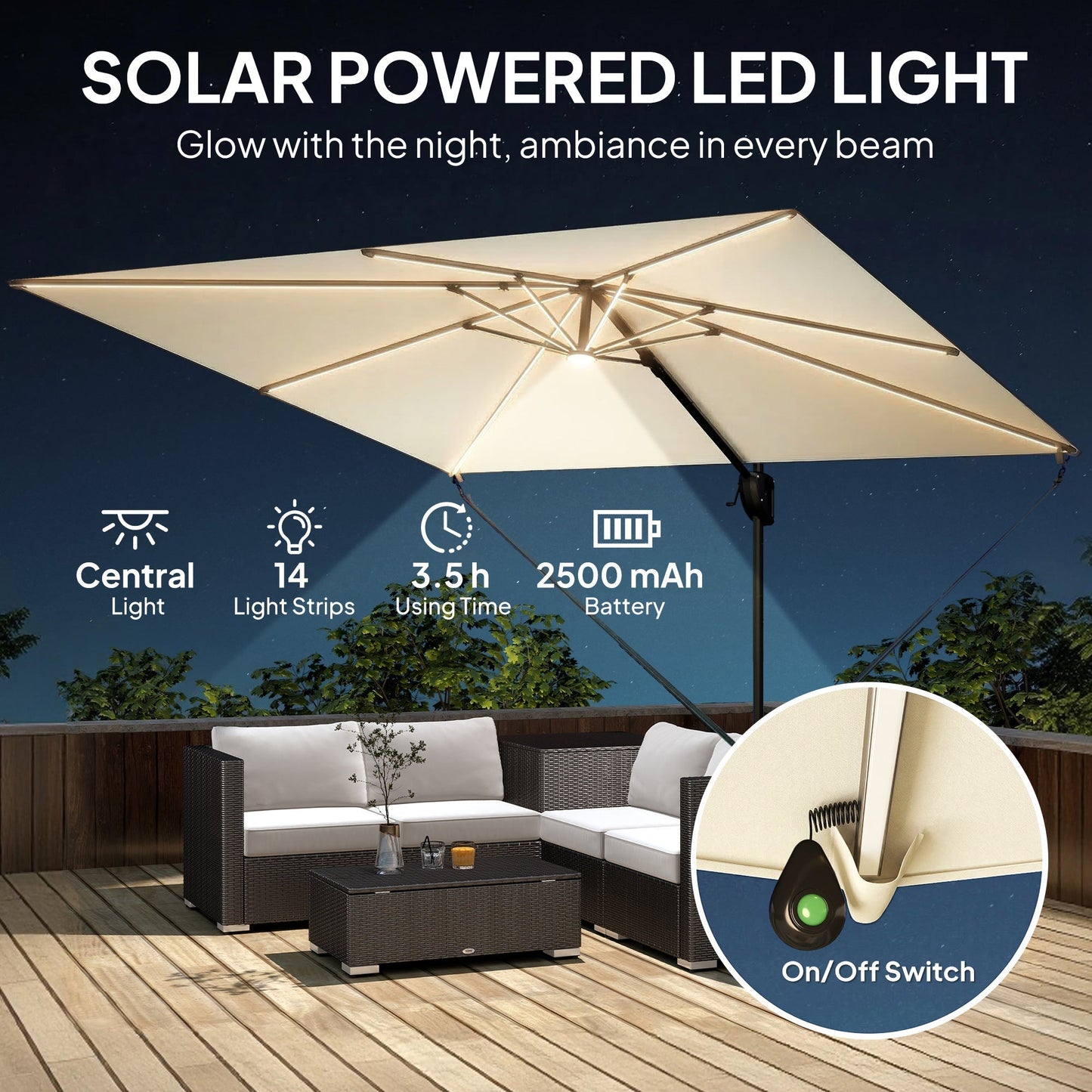 Outsunny 3 x 3 m Garden Cantilever Parasol w/ Light, Cover, UPF50+ Patio Umbrella w/ Wind Protection, 360 degrees Rotation, Cream White