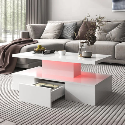 High-Gloss Coffee Table with Drawer, Two Storage Levels and LED Light, 100x50x39 cm, White