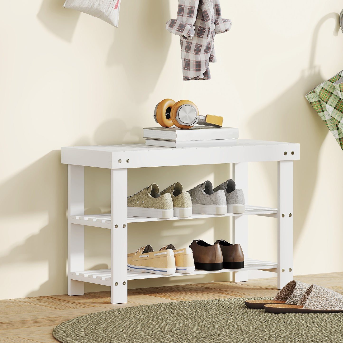 HOMCOM Two Shelf Bamboo Shoe Storage Bench - White