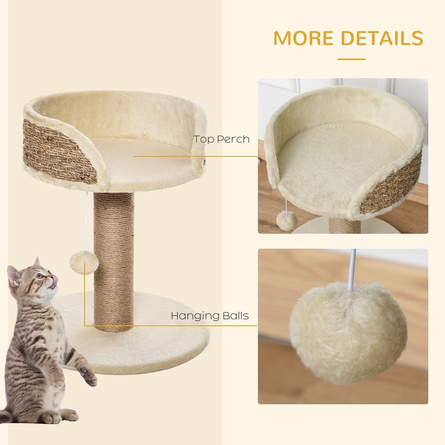 PawHut Cat Tree Cat Scratching Post for Indoor Cats Kitten Play Tower Activity Centre Climbing Stand with Dangling Ball Beige