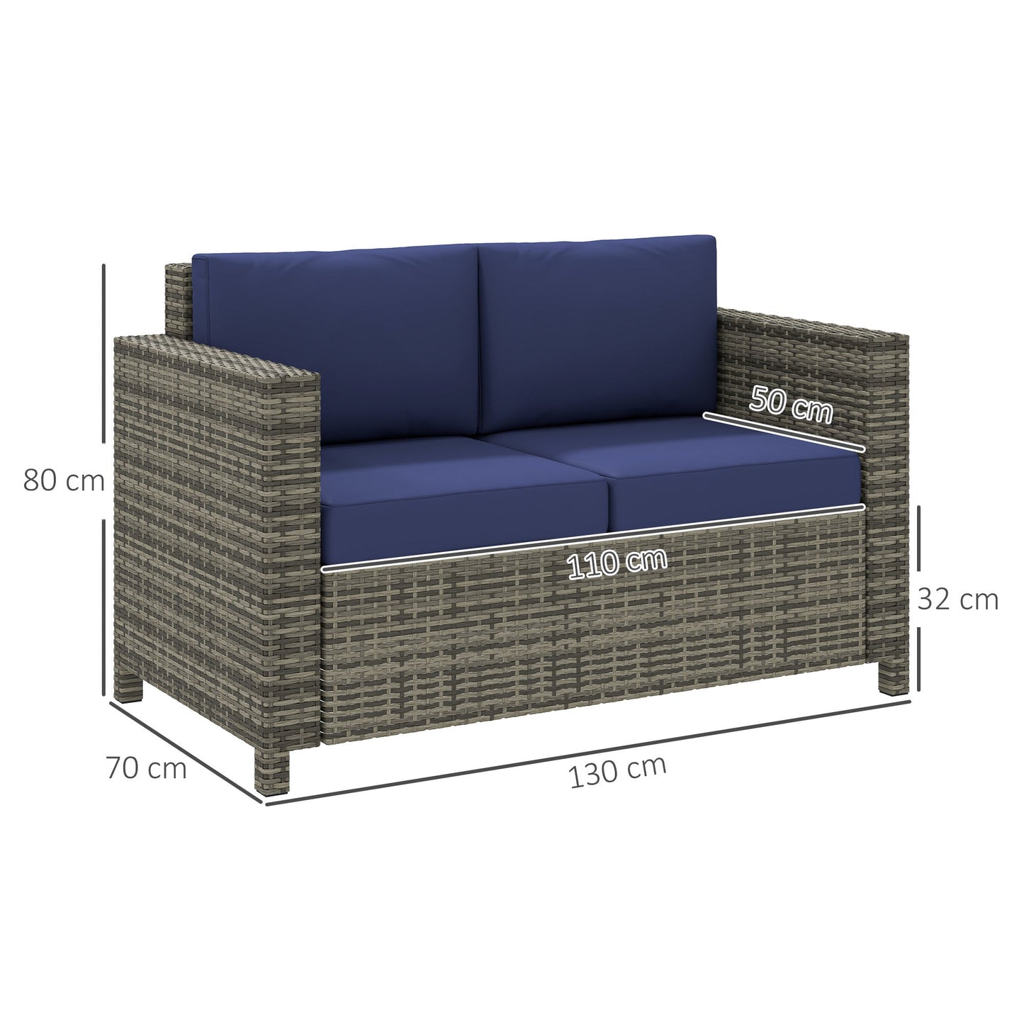 Outsunny Rattan Sofa, 2 Seater Garden Furniture with Soft Padded Cushion and Armrests, Wicker Garden Loveseat for Patio, Navy Blue