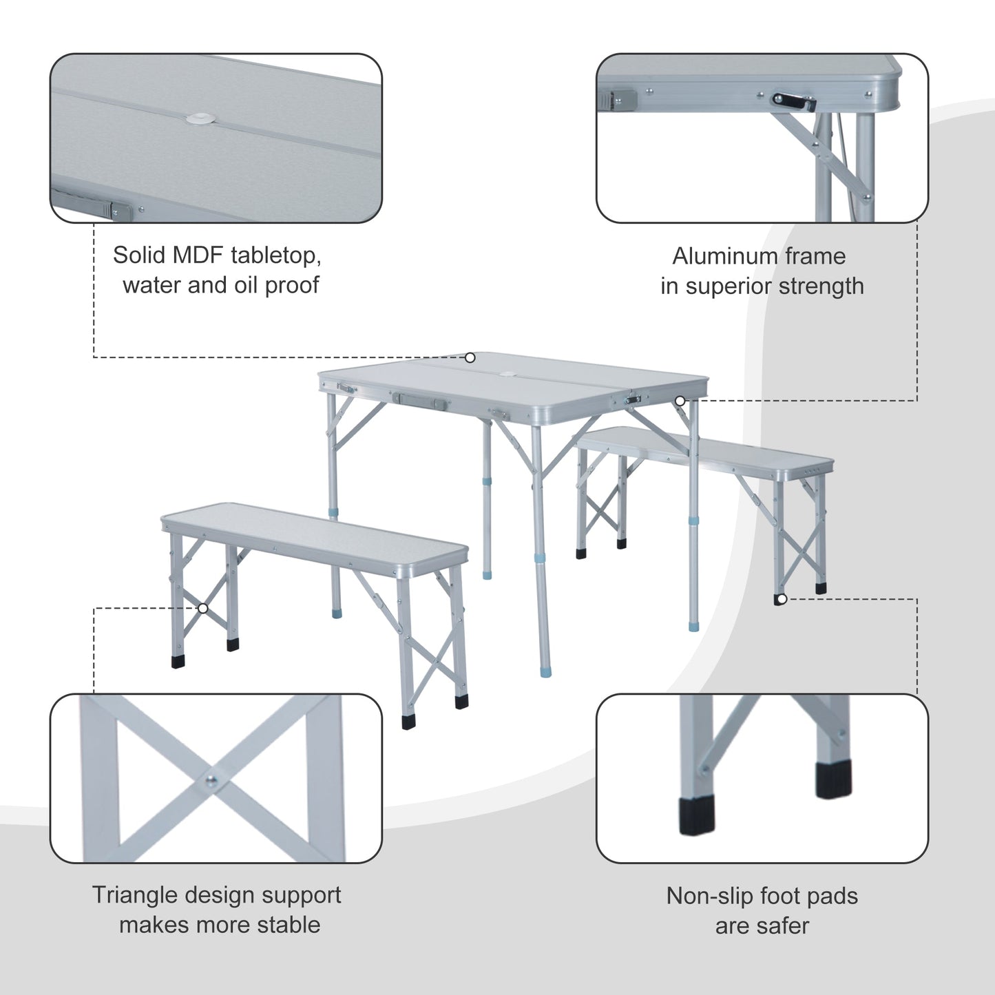 Outsunny 3 pcs Picnic Table Bench Set, Foldable, Aluminum Alloy