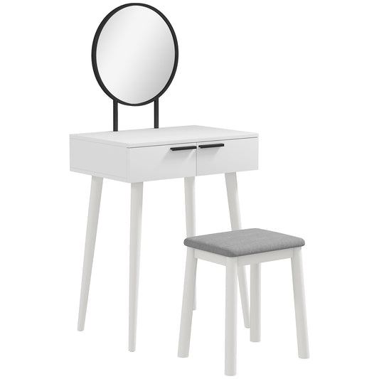 HOMCOM Dressing Table with Mirror and Stool, Vanity Makeup Desk Set with 2 Drawers, Cushioned Stool and Make-up Organiser for Bedroom and Dressing Room, 60 x 40 x 123 cm, White