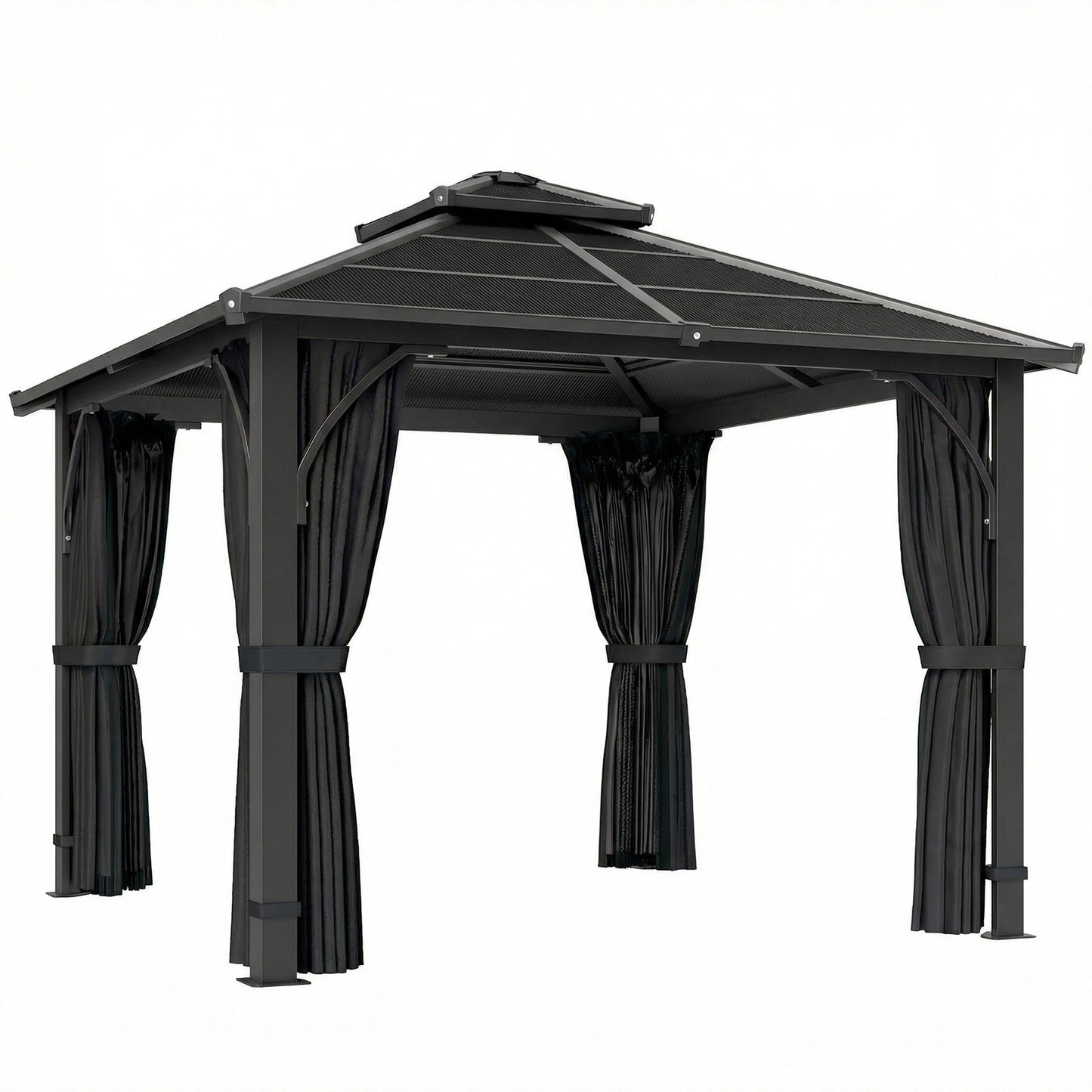 Outsunny 2.5 x 2.5 m Hardtop Gazebo Canopy with 7mm PC Roof, Garden Gazebo Permanent Pavilion with Netting, Curtains, Dark Grey