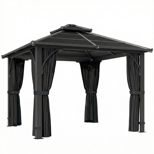 Outsunny 2.5 x 2.5 m Hardtop Gazebo Canopy with 7mm PC Roof, Garden Gazebo Permanent Pavilion with Netting, Curtains, Dark Grey