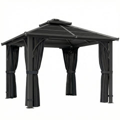 Outsunny 2.5 x 2.5 m Hardtop Gazebo Canopy with 7mm PC Roof, Garden Gazebo Permanent Pavilion with Netting, Curtains, Dark Grey