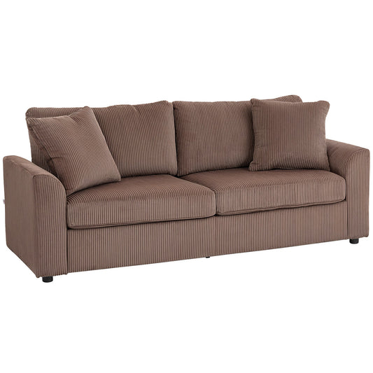 HOMCOM Modern 3 Seater Sofa with Spring Cushion, 212 cm Fabric Jumbo Cord Sofa Couch with 2 Scatter Cushions, Upholstered Corduroy Settee for Living Room, Bedroom, Home Office, Coffee