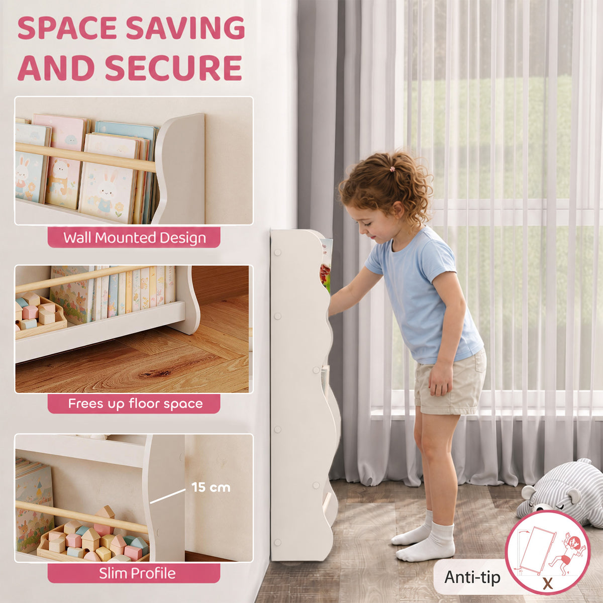 AIYAPLAY 3-Tier Kids Bookshelf Wall Mounted, Kids Bookcase for Playroom, Living Room for Toddlers and Children Aged 3-8, White