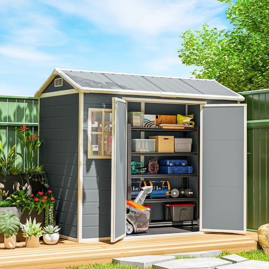 Outsunny 8 x 4 ft Plastic Garden Shed, Wood-Effect Outdoor Storage Shed with Floor, Windows, Lockable Doors and Vents, Light Grey