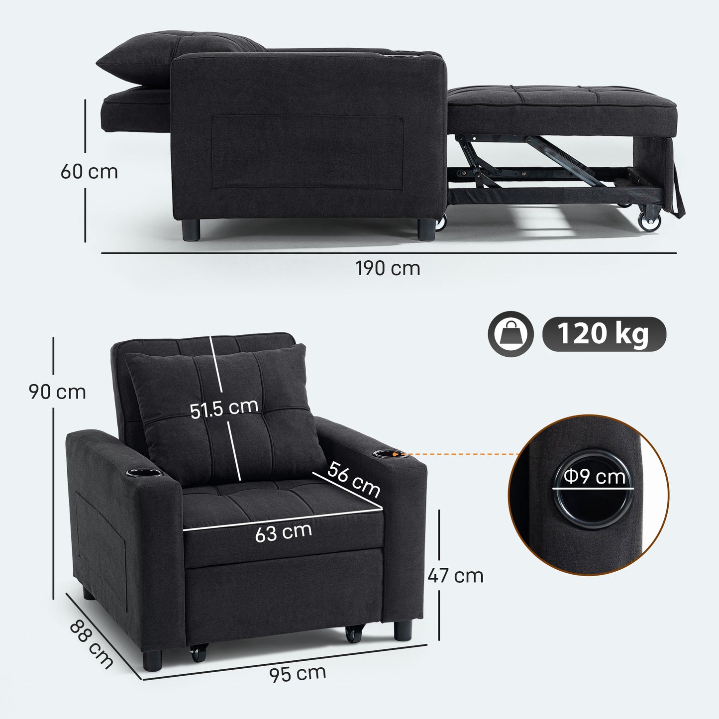 HOMCOM 3-in-1 Single Sofa Bed, Convertible Sleeper Chair Bed - Black