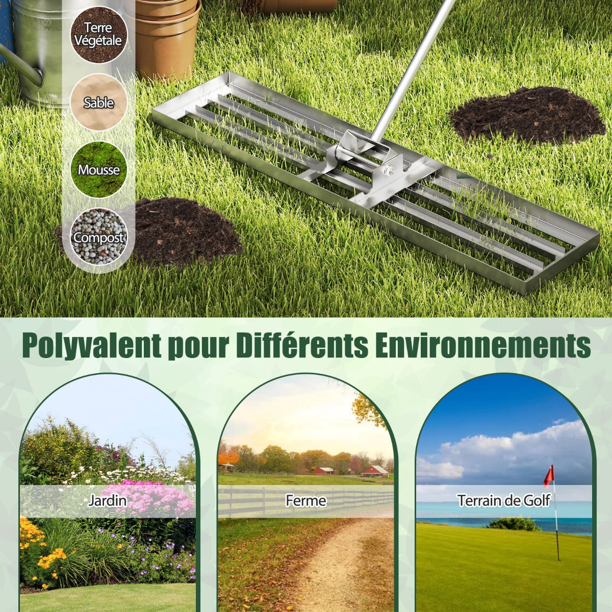 42 x 10 Inch Lawn Leveling Rake with Ergonomic Handle-Silver