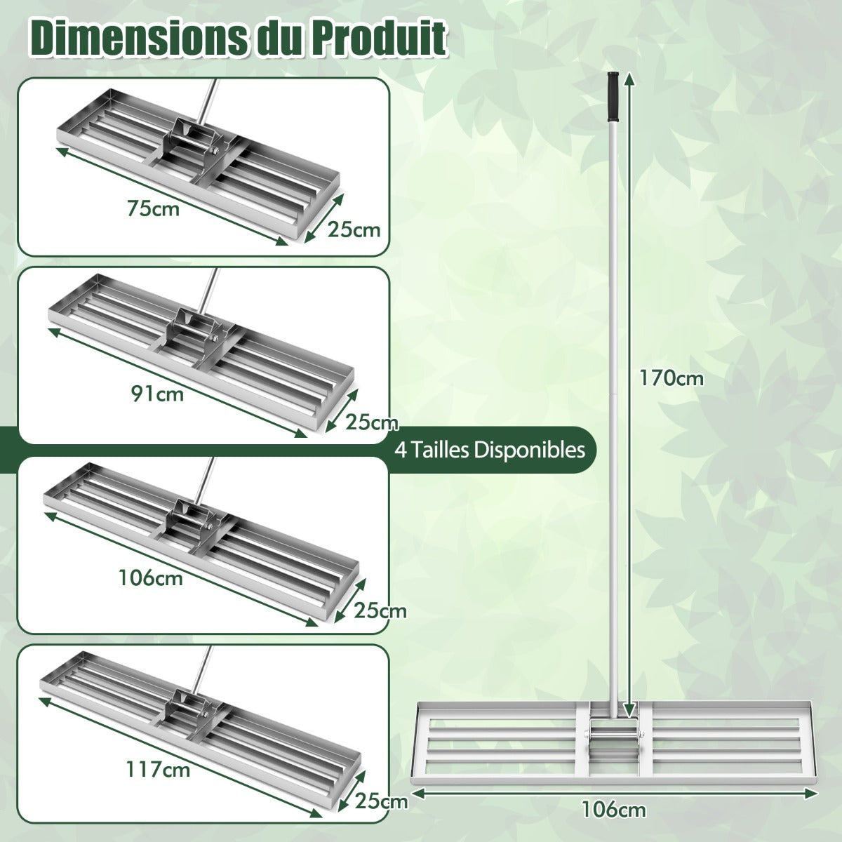 42 x 10 Inch Lawn Leveling Rake with Ergonomic Handle-Silver