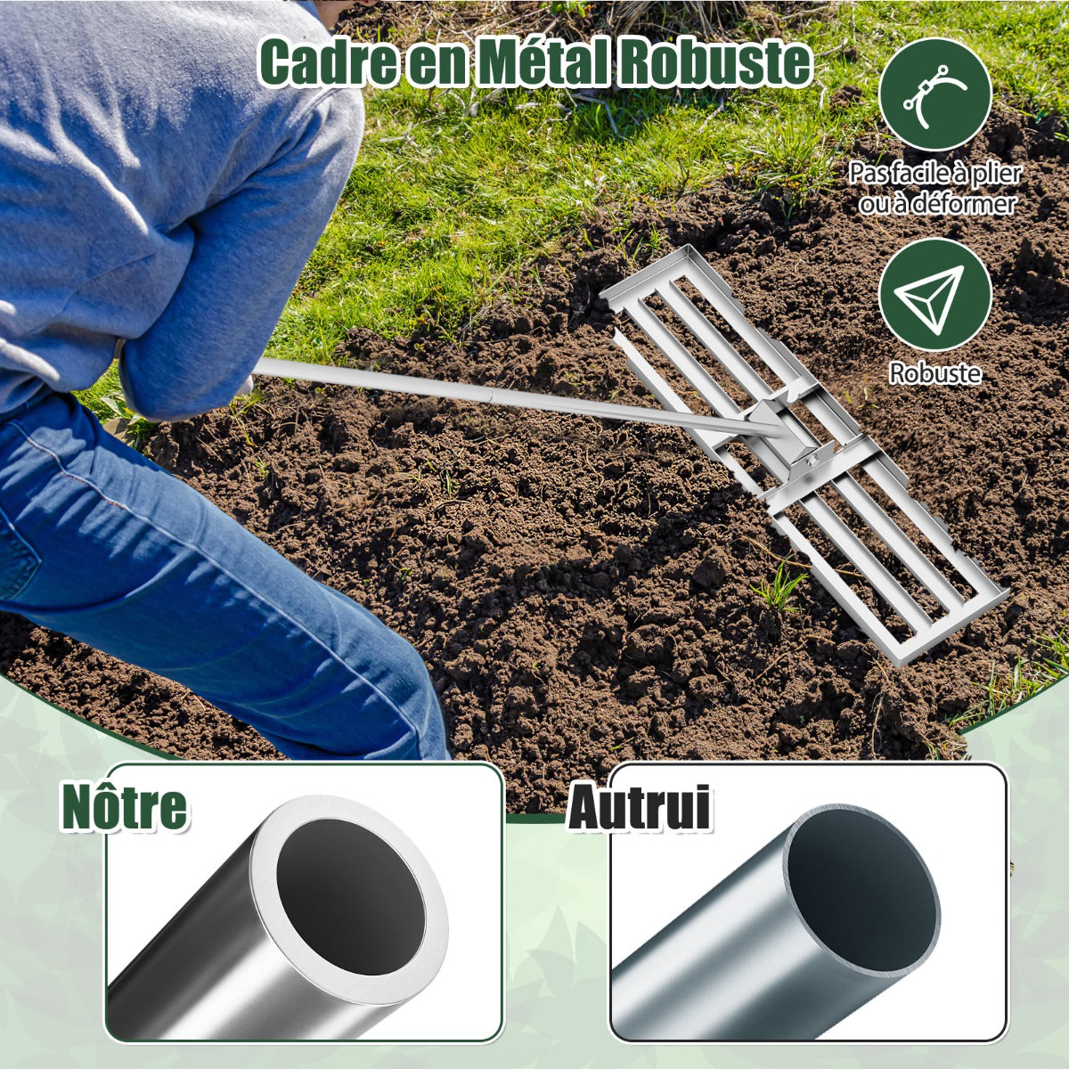 36 x 10 Inch Lawn Leveling Rake with Ergonomic Handle-Silver