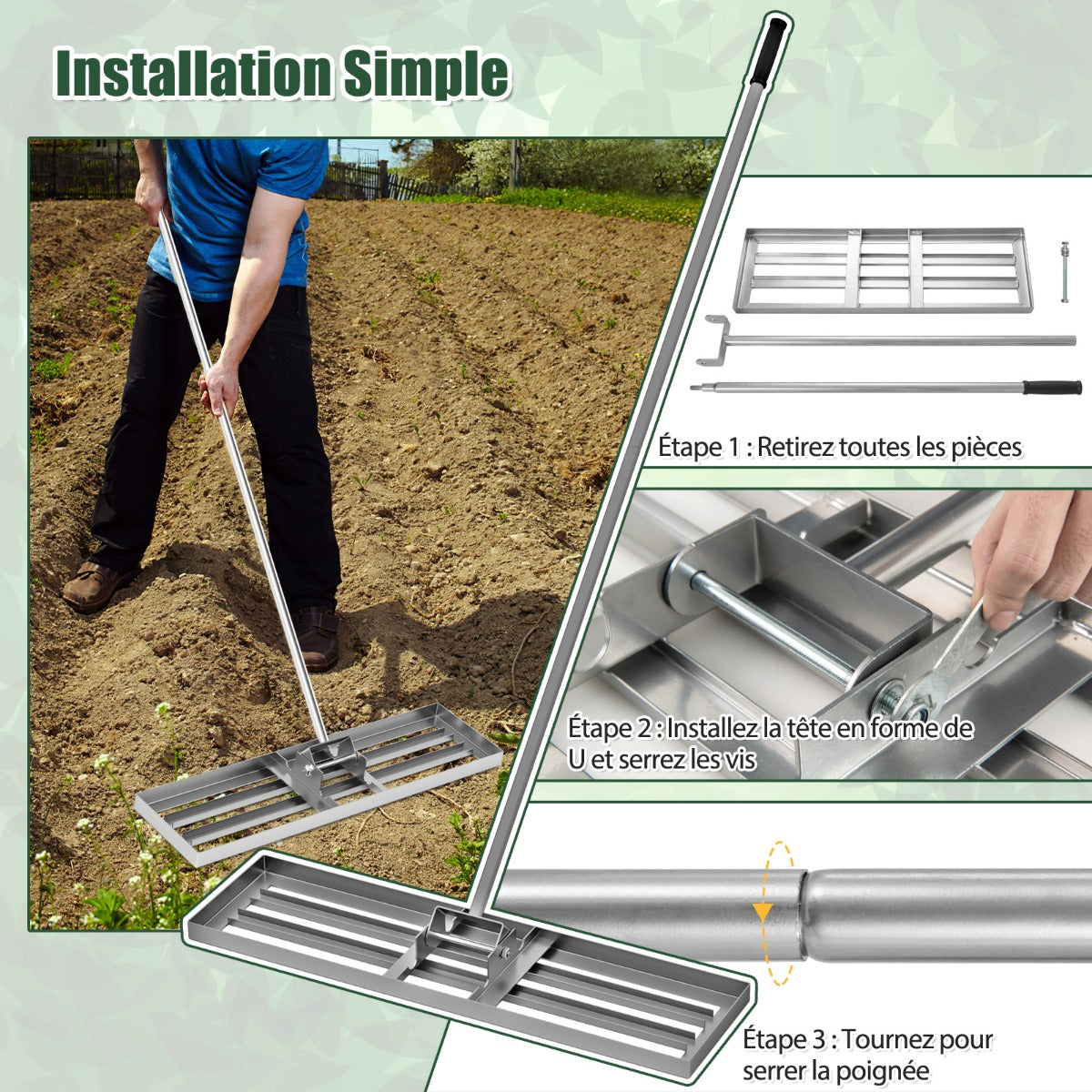 36 x 10 Inch Lawn Leveling Rake with Ergonomic Handle-Silver