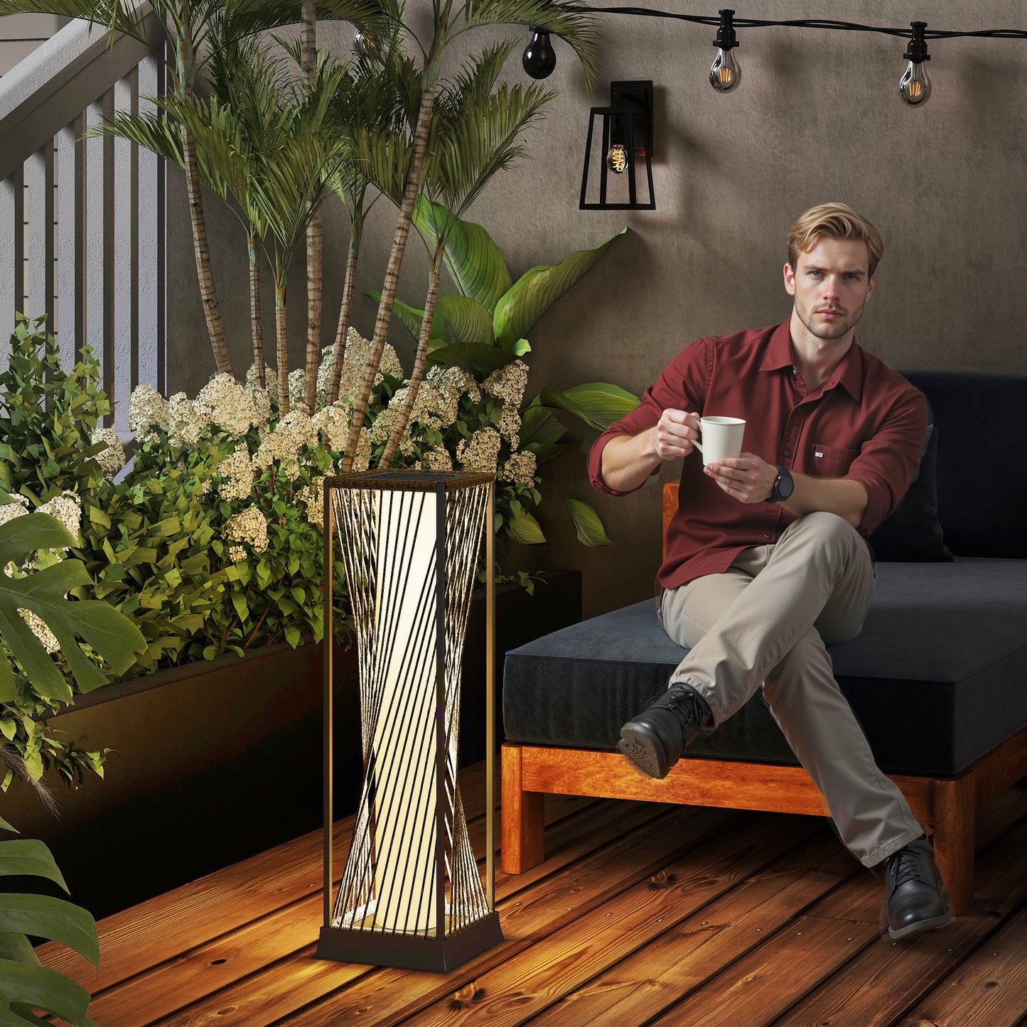 Outsunny Rattan Solar Garden Lights, Auto On/Off LED Floor Lamp, Sand Brown