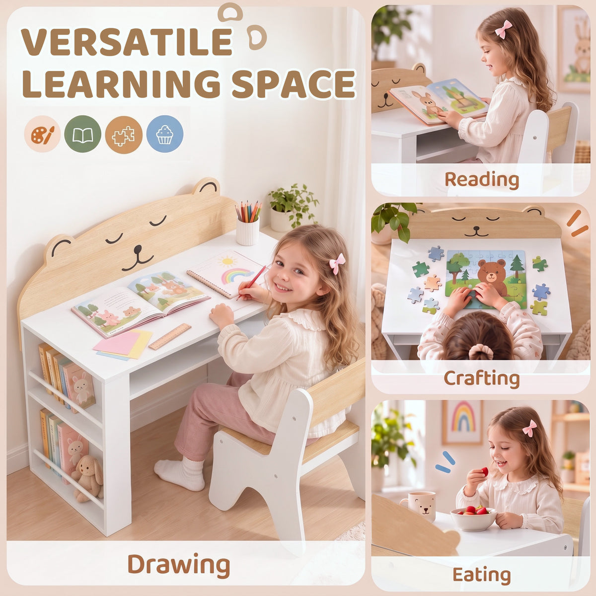 AIYAPLAY Kids Table and Chair Set with Side Bookshelves, Open Storage, Non-Slip Pads for 3-8 Y, Bedroom, Study Room, Bear-Themed