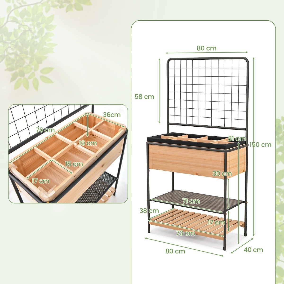Raised Garden Bed with Trellis and 2-tier Storage Shelves-Natural