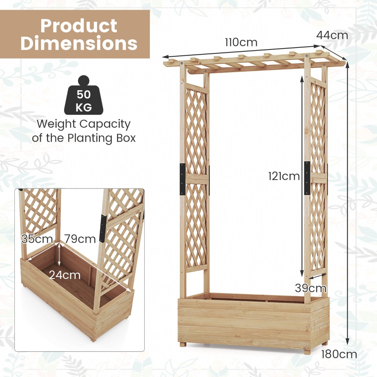 Raised Garden Bed Fir Wood Planter Box with 2-Sided Trellis and Hanging Roof-Natural
