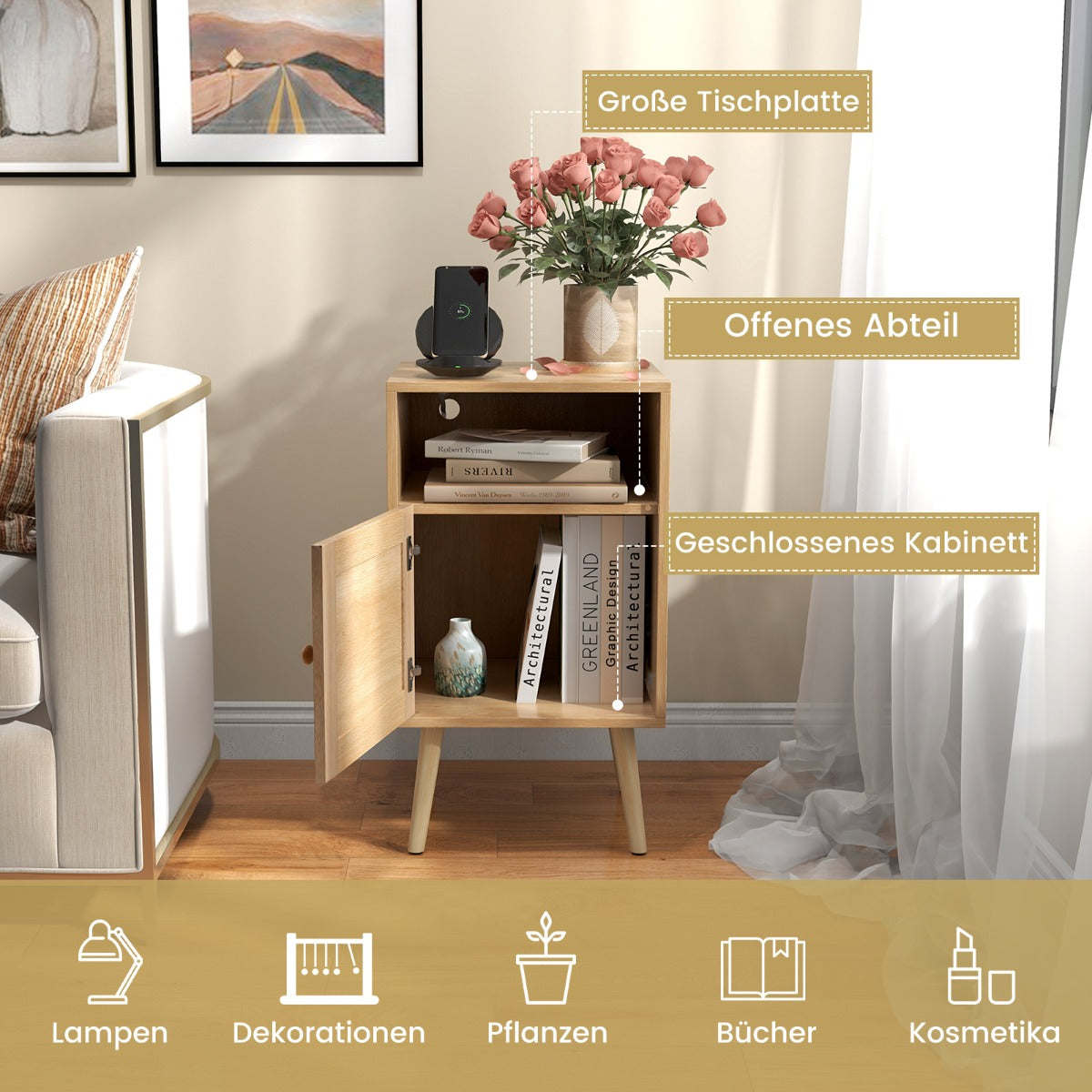 Rattan Nightstand with Storage and PE Rattan Decorated Door-Natural-2 Pack