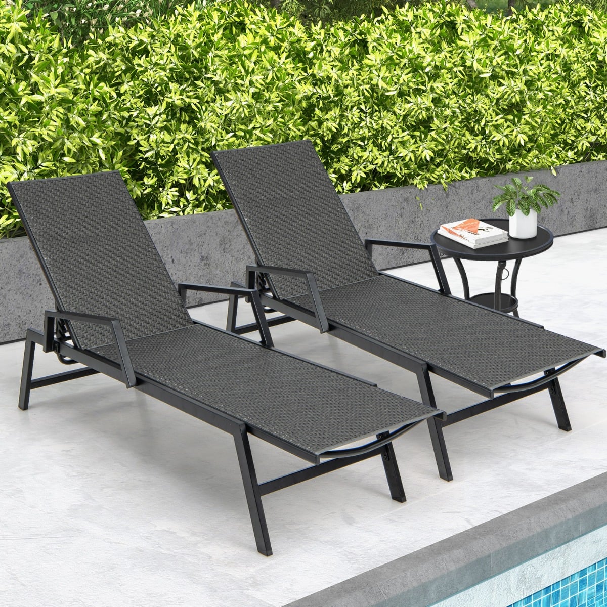 Outdoor Rattan Chaise Lounge with Armrests and 5-Position Backrest for Porch, Backyard-Brown