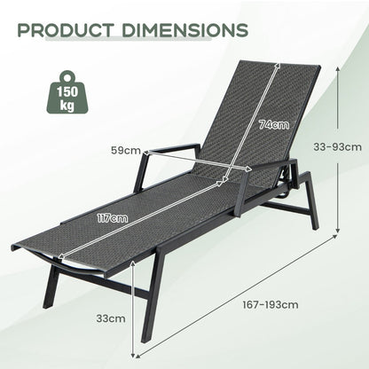 Outdoor Rattan Chaise Lounge with Armrests and 5-Position Backrest for Porch, Backyard-Brown