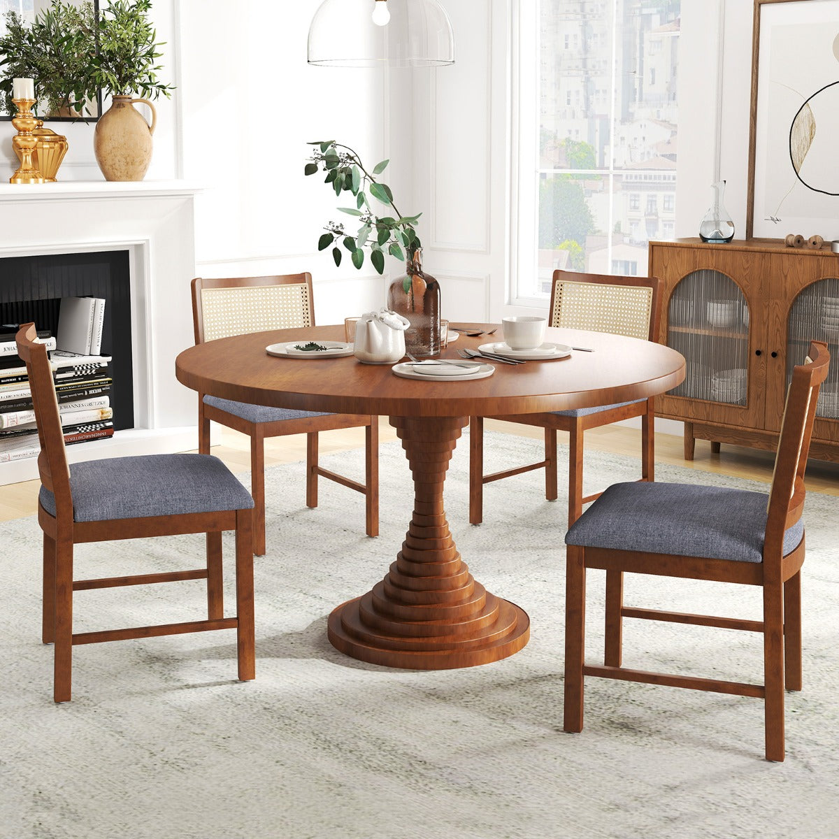Rattan Dining Chair Set of 4 with Rubber Wood Frame and Linen Fabric Padded-Walnut