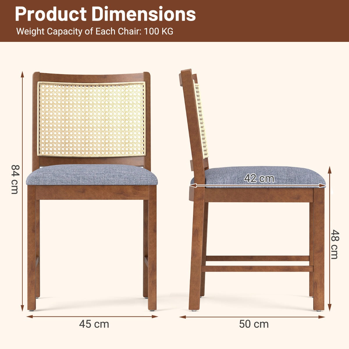 Rattan Dining Chair Set of 4 with Rubber Wood Frame and Linen Fabric Padded-Walnut