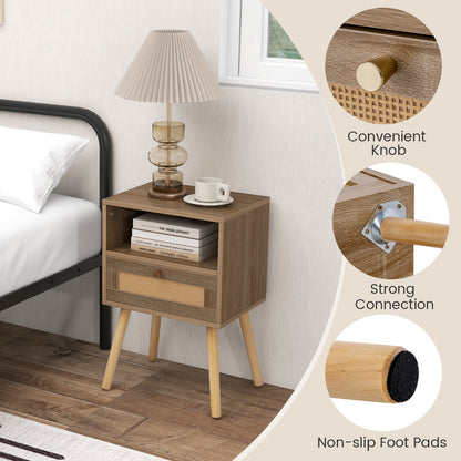 Rattan Nightstand Set of 1 with Rattan Drawer and Open Shelf-Natural
