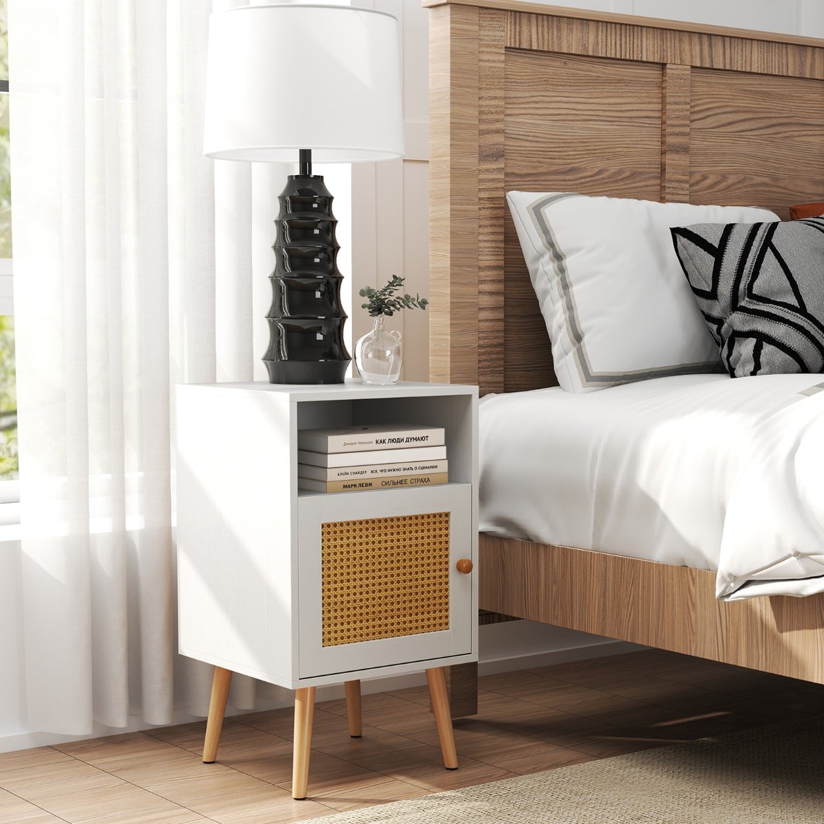 Rattan Nightstand with Storage and PE Rattan Decorated Door-White-1 Pack