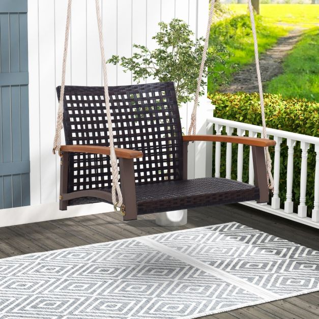 Rattan Porch Swing with Acacia Wood Armrests