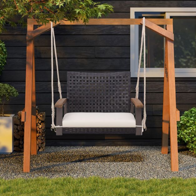 Rattan Porch Swing with Acacia Wood Armrests