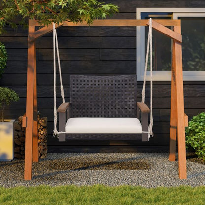 Rattan Porch Swing with Acacia Wood Armrests