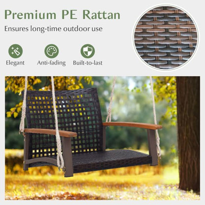 Rattan Porch Swing with Acacia Wood Armrests