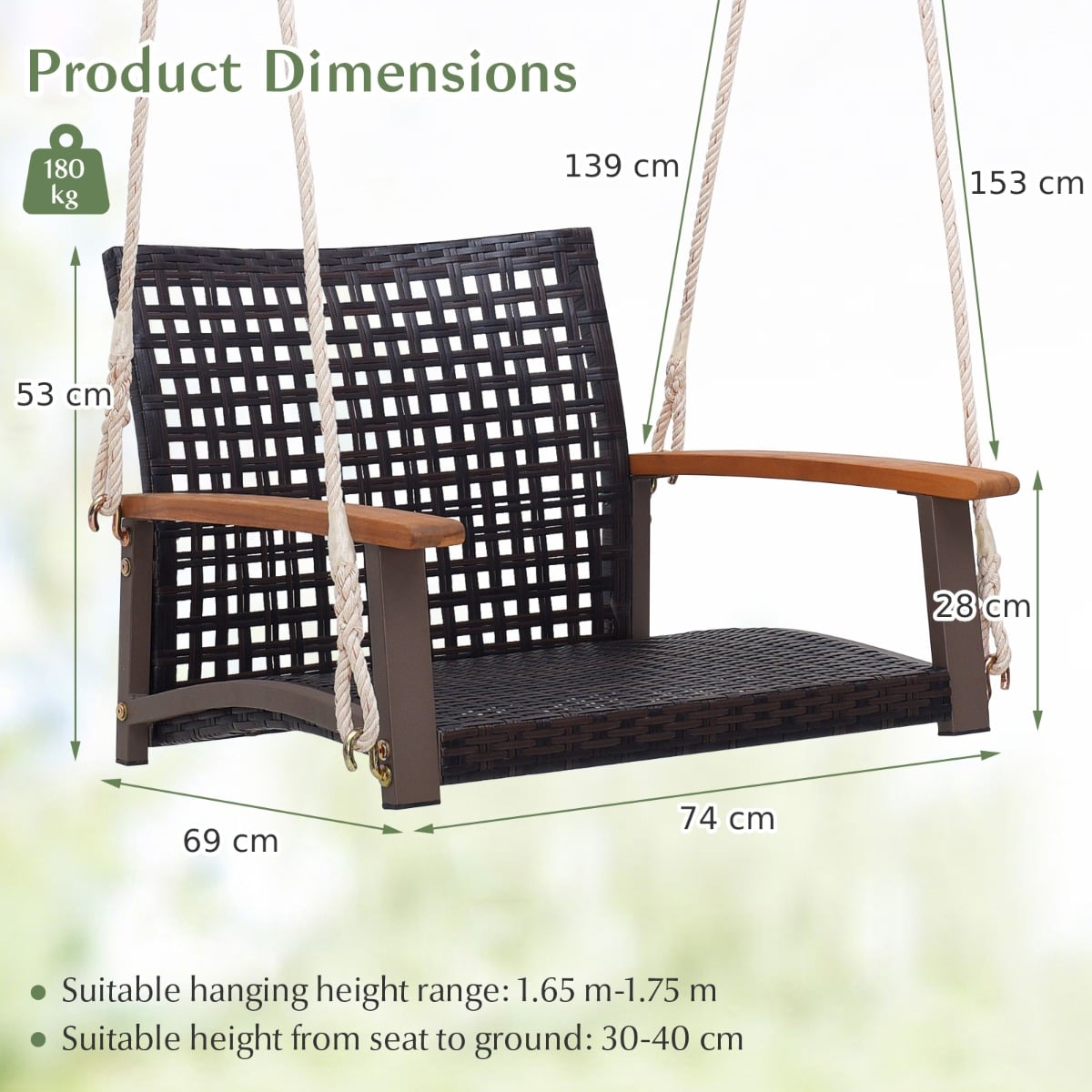 Rattan Porch Swing with Acacia Wood Armrests
