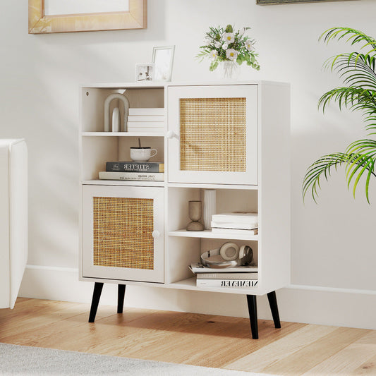 Rattan Sideboard Buffet Cabinet with 4 Cubbies and 2 Rattan-decorated Doors-White