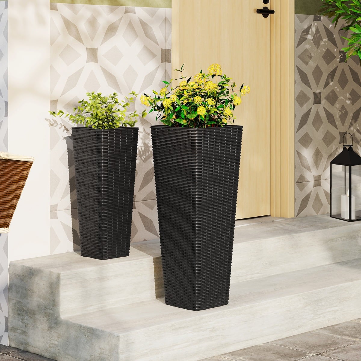 Rattan Tall Planter Set of 2 Outdoor Large Tapered Planters-Black
