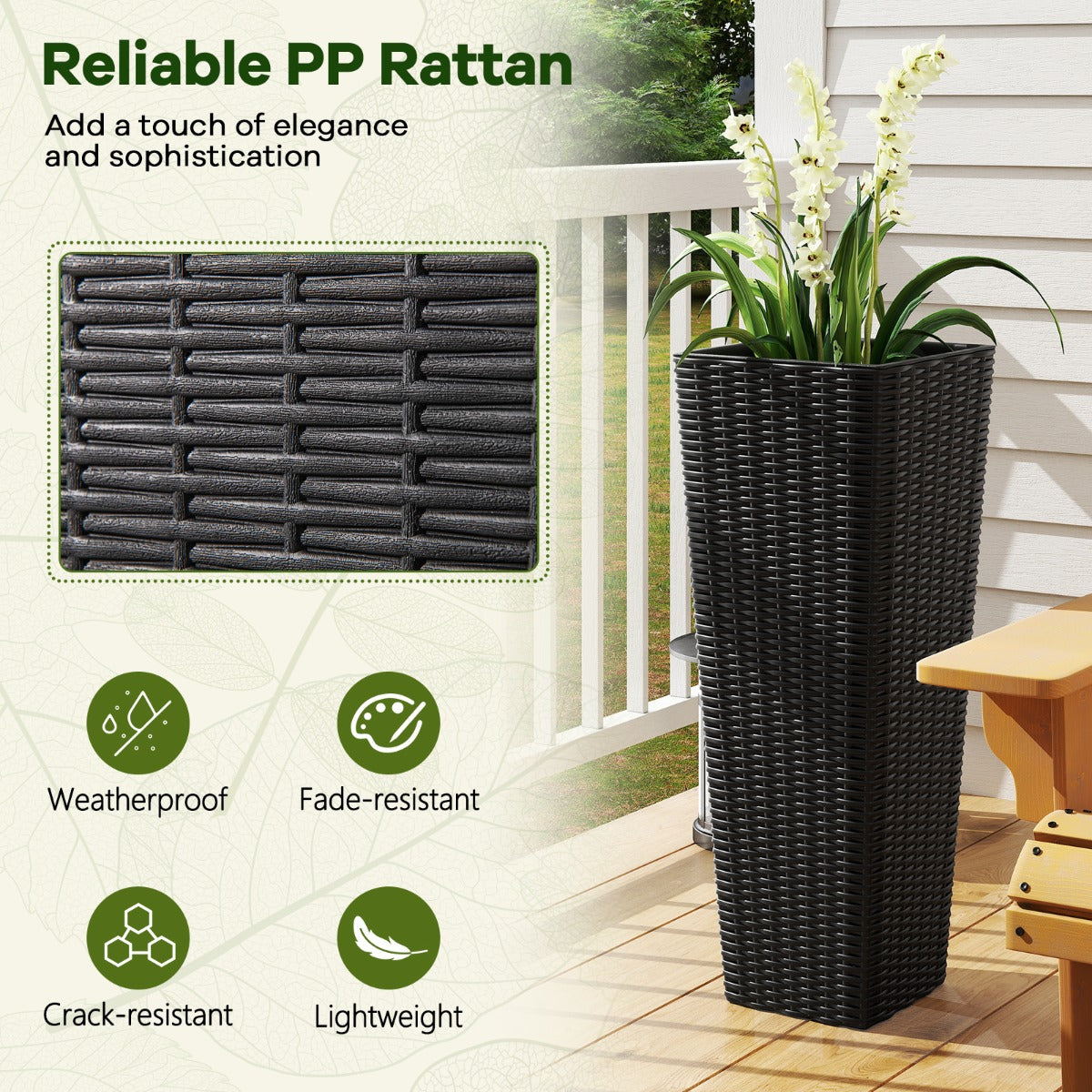 Rattan Tall Planter Set of 2 Outdoor Large Tapered Planters-Black