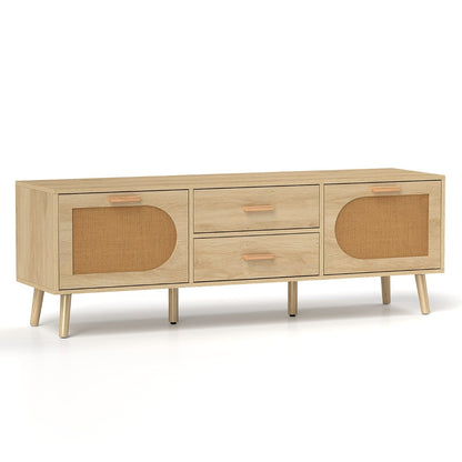 Rattan TV Stand for 65-Inch TV with Drawers and Solid Wood Legs-Natural