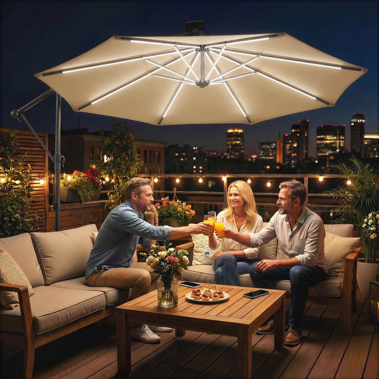 Outsunny 3 m Garden Cantilever Parasol with LED Solar Light, Round Overhanging Umbrella with 360 degrees Rotation, Cover, Khaki