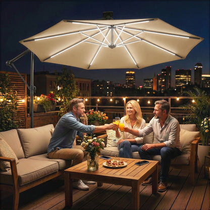 Outsunny 3 m Garden Cantilever Parasol with LED Solar Light, Round Overhanging Umbrella with 360 degrees Rotation, Cover, Khaki