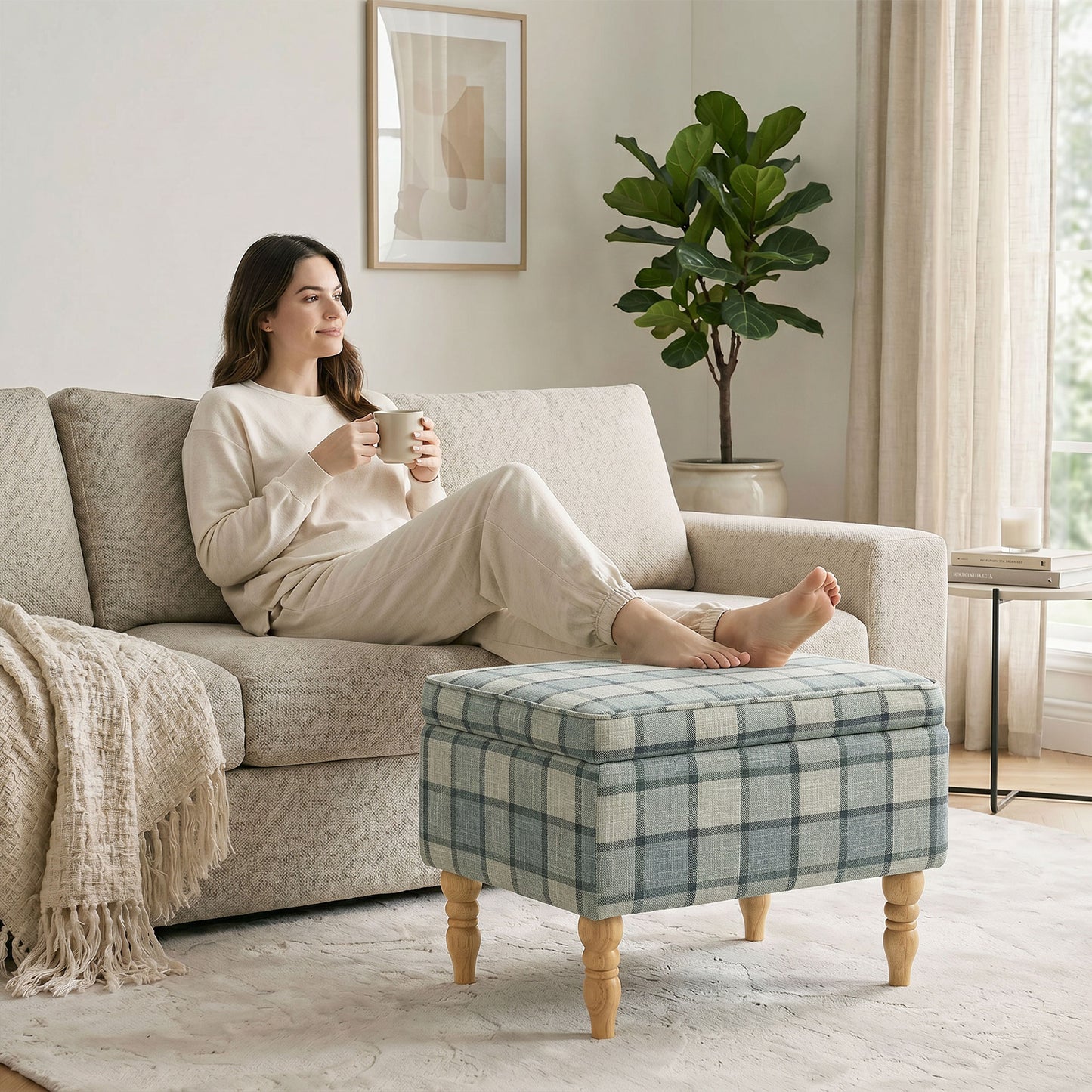 HOMCOM Linen Fabric Upholstered Footstool, Rectangular Storage Stool with Removable Top, Padded Seat and Hidden Space, Grey
