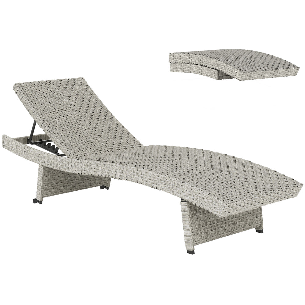 Outsunny Outdoor PE Rattan Sun Lounger, Folding Wicker Garden Lounger Recliner with 4-Level Adjustable Backrest, Rolling Sunbed Lounge Chair with Wheels, Non-Slip Legs for Balcony, Beach, Grey