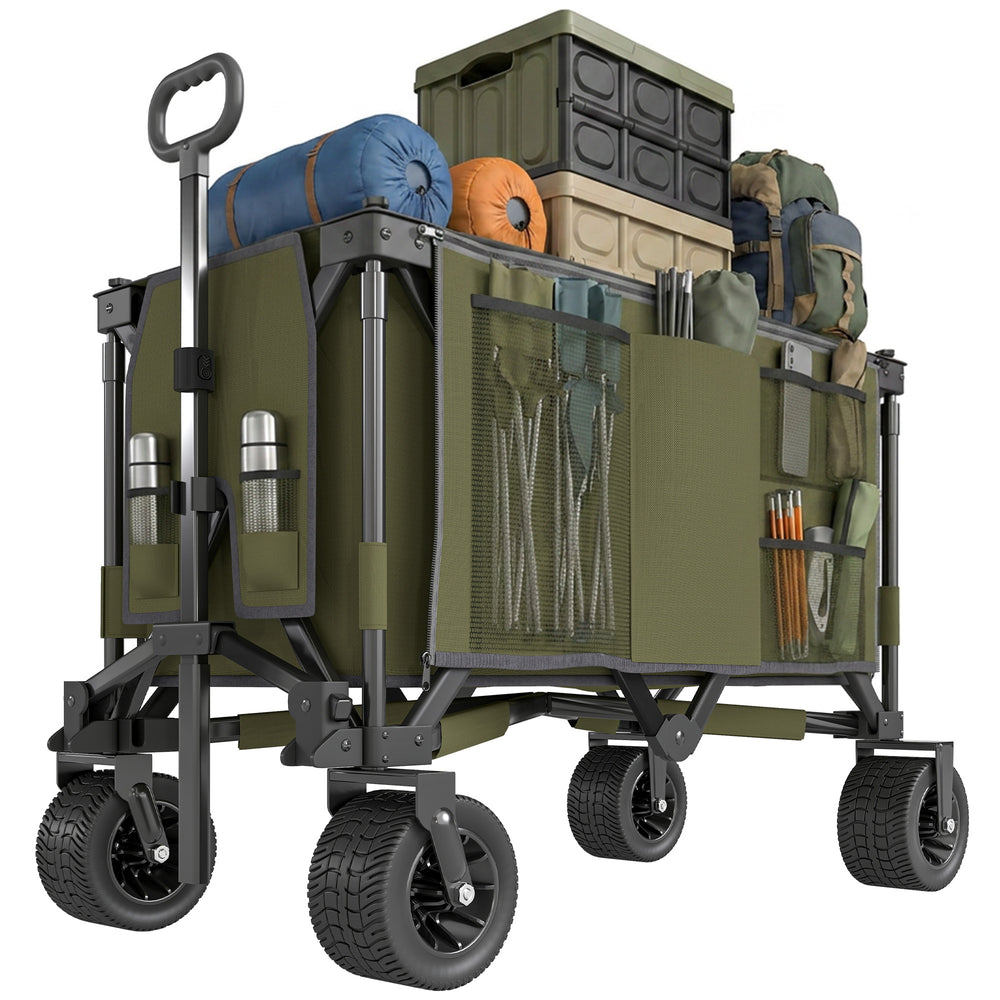 Outsunny 300L Festival Trolley on Wheels, Folding Camping Trolley Cart, Heavy Duty Collapsible Wagon Cart with Wide Wheels, Side Pockets for Outdoor Garden Picnic Beach Shopping Fishing, Green