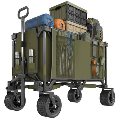 Outsunny 300L Festival Trolley on Wheels, Folding Camping Trolley Cart, Heavy Duty Collapsible Wagon Cart with Wide Wheels, Side Pockets for Outdoor Garden Picnic Beach Shopping Fishing, Green