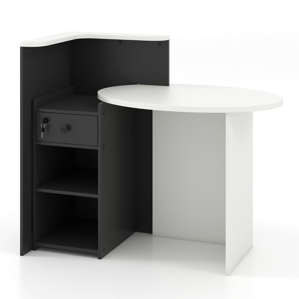 Corner Front Reception Counter Desk with Lockable Drawer-Black & White