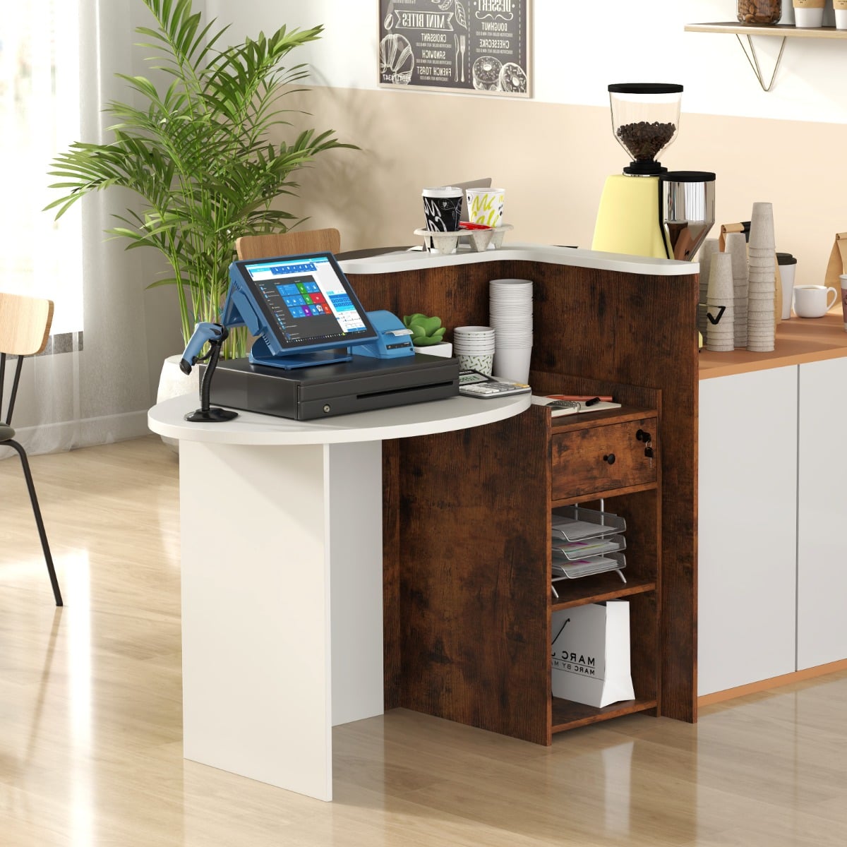 Reception Desk with Lockable Drawer and Adjustable Shelf for Office-Brown